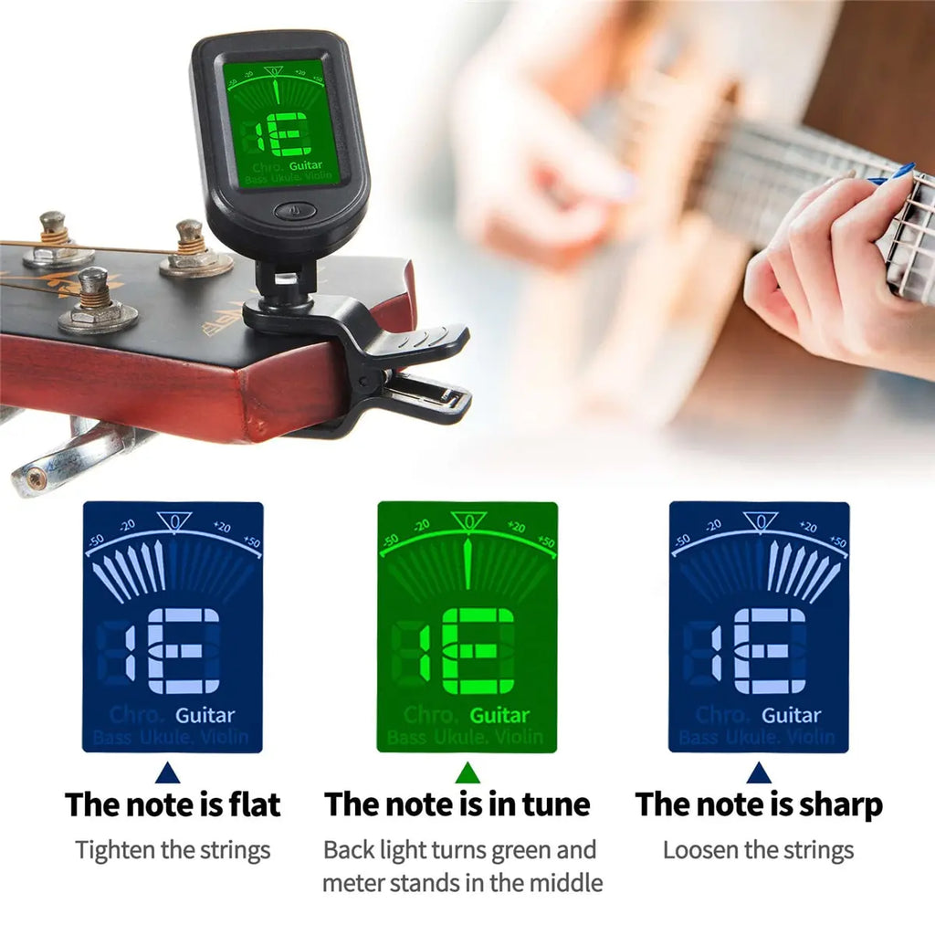 de guitarra para todos los instrumentos, sintonizador electrónico con Clip para guitarra, bajo, ukelele, violín, mandolina, banjo