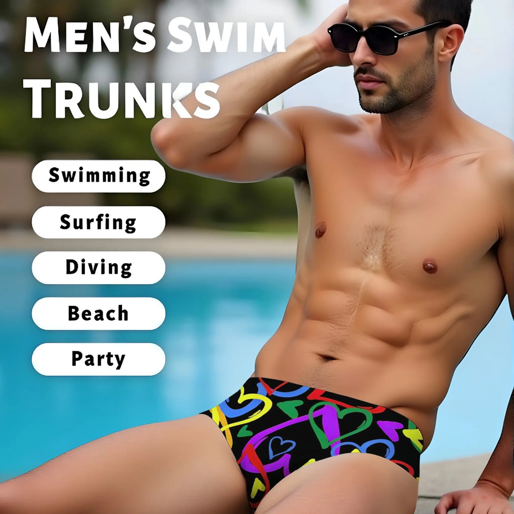 Costume da bagno da uomo con stampa graffiti a cuore arcobaleno, tocco vivace e audace, comodo, delicato sulla pelle, slip traspiranti ad asciugatura rapida