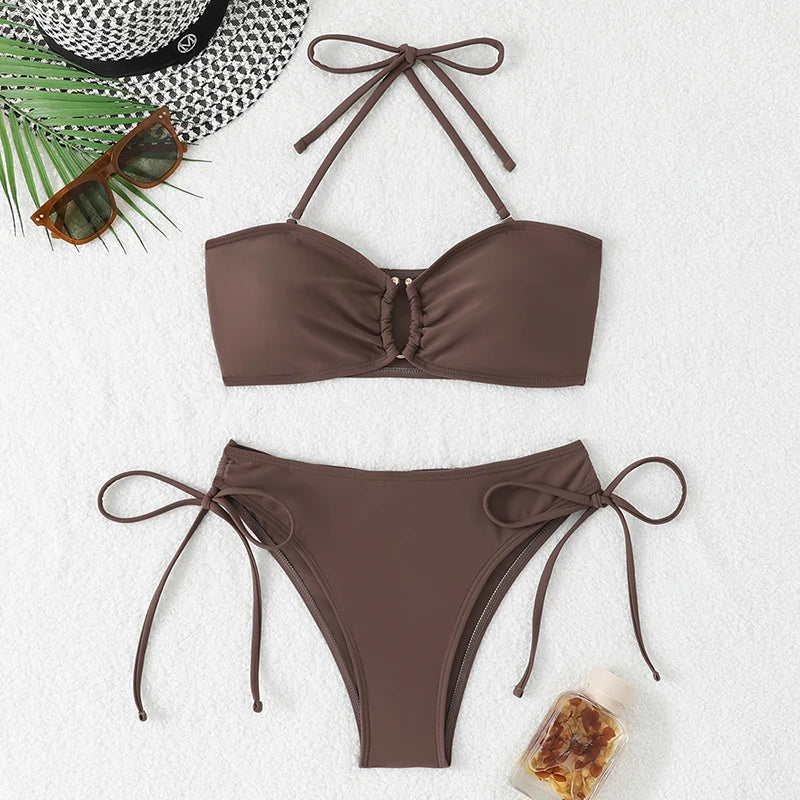 Bikini a Vita Alta da Donna 2026, Costume da Bagno Annodato, Abbigliamento da Spiaggia Brasiliano con Push-Up