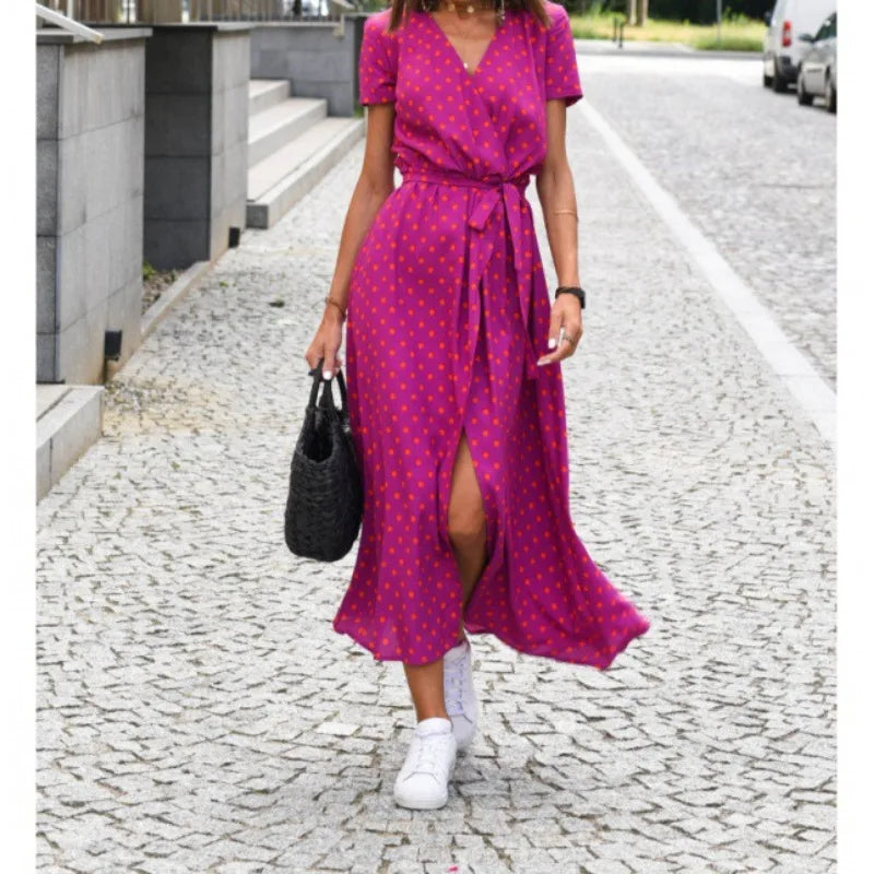 Abito Midi Stampato alla Moda con Spacco, Scollo a V, Maniche Corte, Vita Alta, Gonna a Trapezio, Stile Street, in Poliestere e Spandex, da Donna