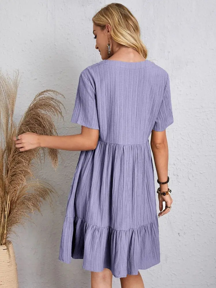 Elegante solido scollo A V A Line Dress 2024 nuova estate Ruffles allentato Mini abito Casual manica corta Beach Party Vestidos Streetwear