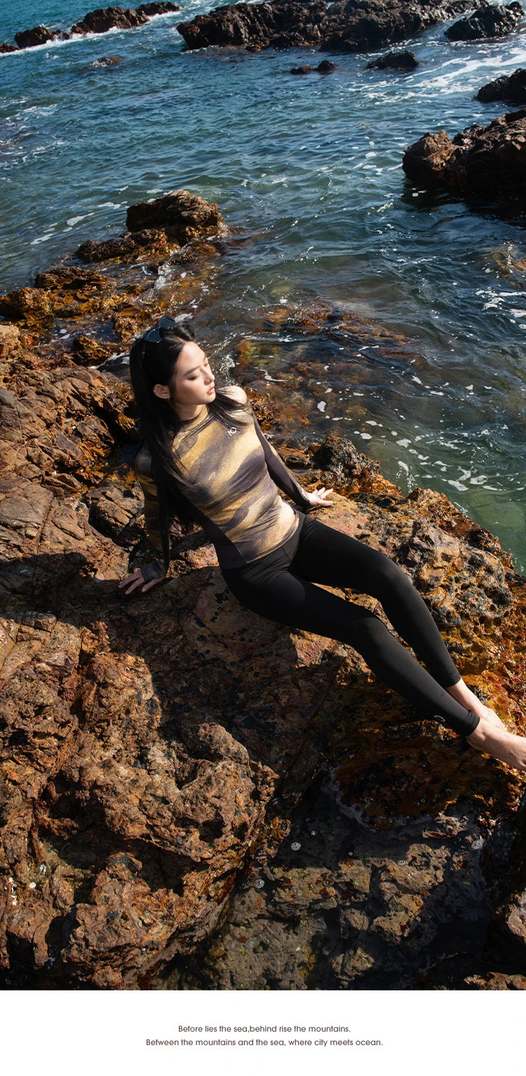 Nuovo Set Rashguard da Donna Nu-June a Maniche Lunghe ad Asciugatura Rapida con Protezione UV, Top da Nuoto con Pantaloncini, Costume da Spiaggia, Surf e Immersione