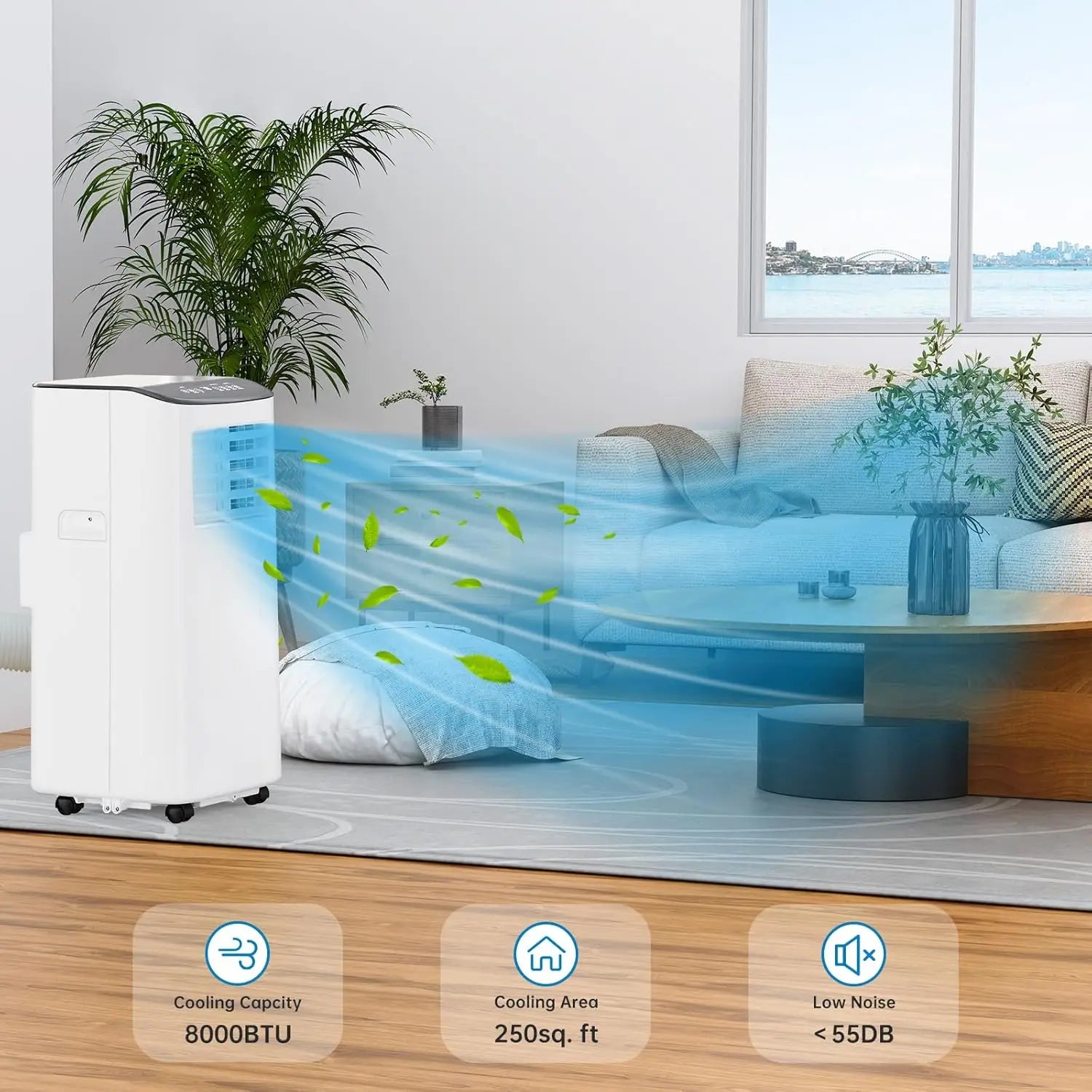 Condizionatore d'aria portatile da 8000 BTU, unità AC con modalità di raffreddamento, deumidificazione e ventola, funzionamento silenzioso e facile da spostare, telecomando, alta qualità per casa e ufficio, bianco, 1 pezzo