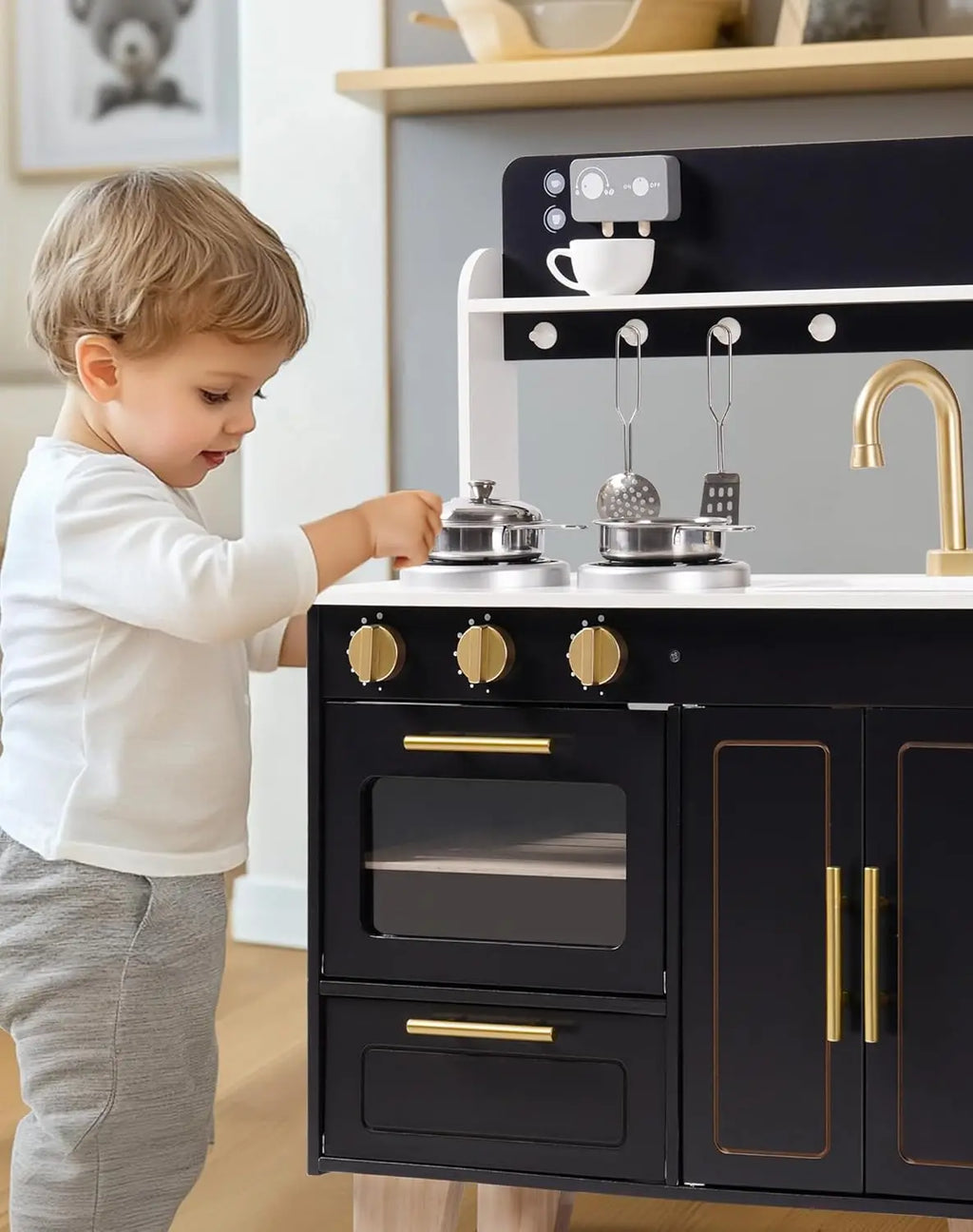 Robotime Play Kitchen Cucina per bambini in legno Fai finta di giocare con piano di lavoro in stile marmo Cucina giocattolo moderna per ragazze e ragazzi