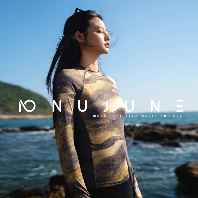 Nuovo Set Rashguard da Donna Nu-June a Maniche Lunghe ad Asciugatura Rapida con Protezione UV, Top da Nuoto con Pantaloncini, Costume da Spiaggia, Surf e Immersione