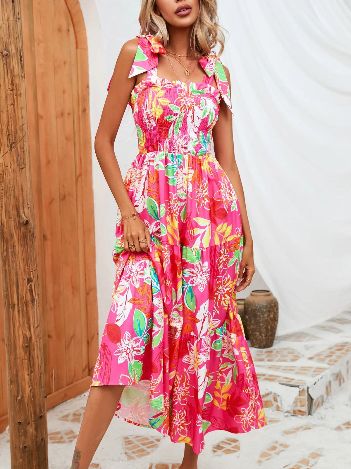 Moda Boho Abito con stampa floreale Reggicalze casual Vita alta Slim A-line Abiti lunghi con lacci Vacanza estiva Abbigliamento donna