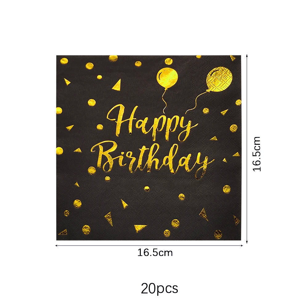 Set di stoviglie usa e getta per compleanno in oro nero, piatti di carta, tazze, tovaglioli, tovaglie, decorazione per feste di buon compleanno per adulti, matrimonio