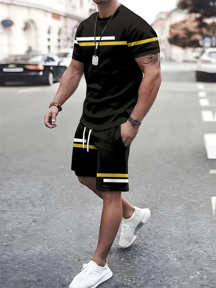 Boutique uomo estate Casual sport manica corta vestito semplice Splicing stampato girocollo T Shirt coulisse tasca pantaloncini vestito