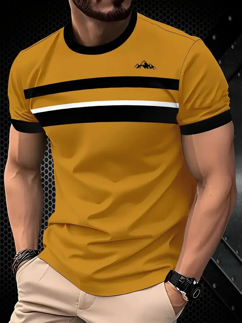 T-shirt classica estiva da uomo: top da esterno a maniche corte con scollo tondo e stampa a righe, maglietta da uomo da strada ampia con aggiunta