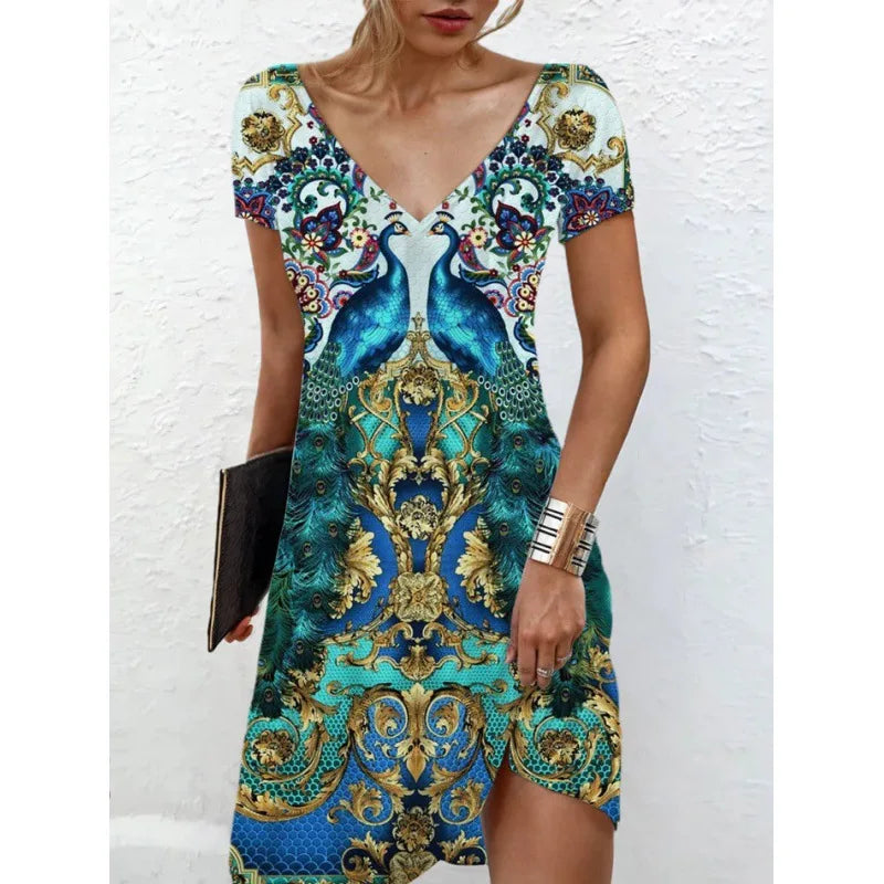 Abiti da donna 2026 estivi casual con stampa floreale e geometrica, vestito lungo a maniche corte, abbigliamento femminile, vestiti