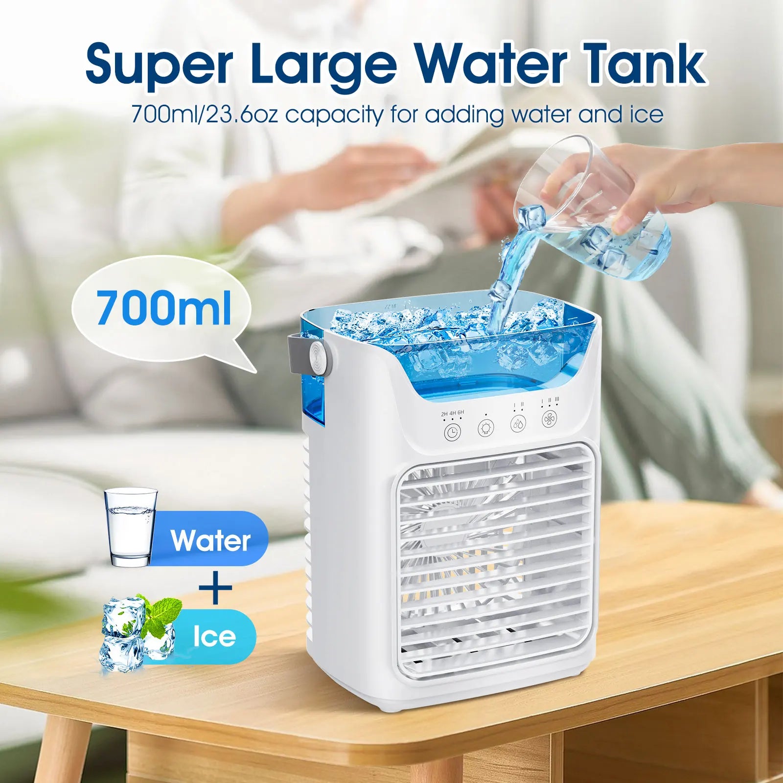 Condizionatore d'Aria Portatile 3-in-1: Mini Ventilatore, Raffreddatore e Umidificatore con Serbatoio d'Acqua da 700 ml e Luce Notturna a 7 Colori, Timer 2/4/6 Ore