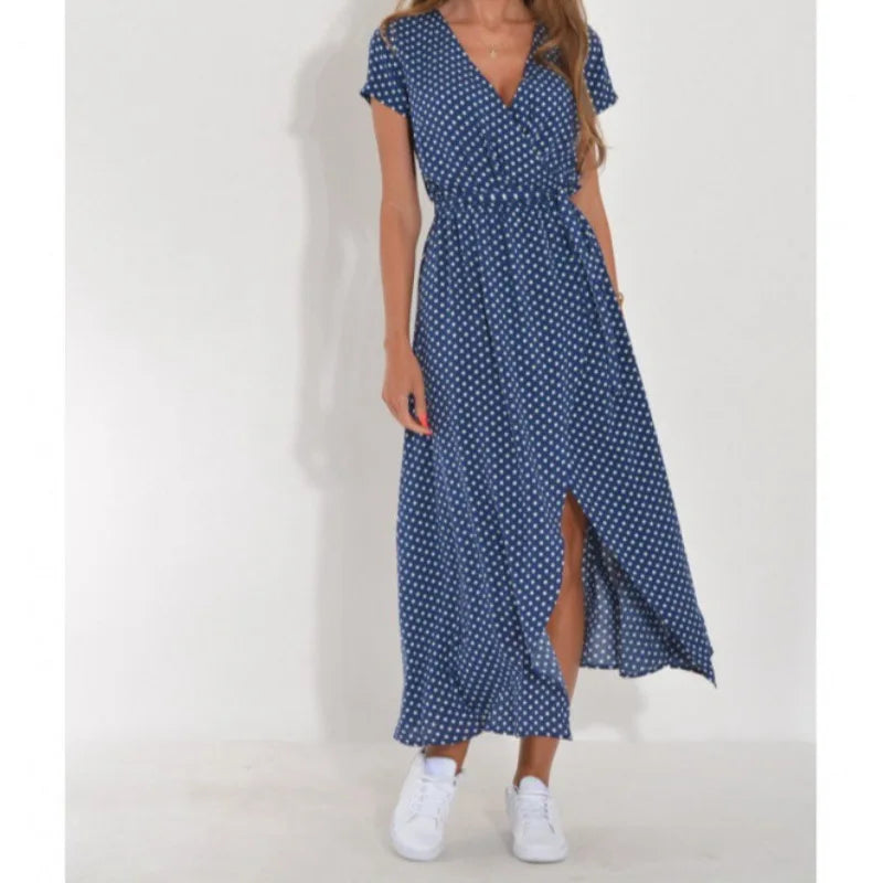Abito Midi Stampato alla Moda con Spacco, Scollo a V, Maniche Corte, Vita Alta, Gonna a Trapezio, Stile Street, in Poliestere e Spandex, da Donna