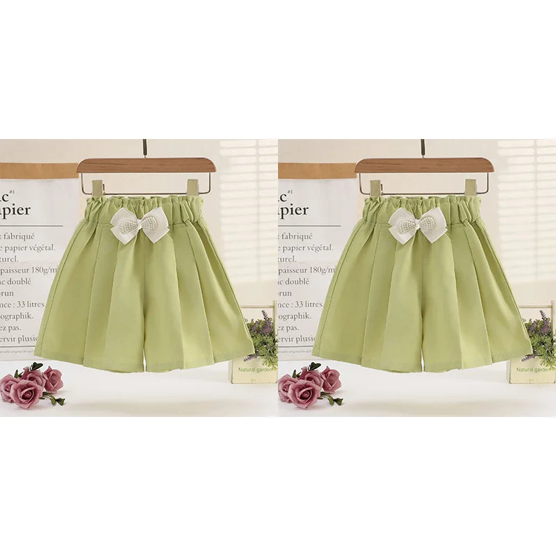 1/2/3 Pezzi Pantaloncini Larghi Estivi per Ragazze, Abbigliamento Casual da Esterno, Pantaloncini Sottili Traspiranti, Gonnellino con Fiocco, Abbigliamento Moda Bambina