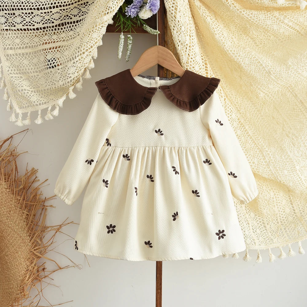 Bear Leader 2025 Nuovo simpatico abbigliamento per bambini 0-3 anni Abito per bambini Autunno Colletto a maniche lunghe Abiti per ragazze di fiori ricamati