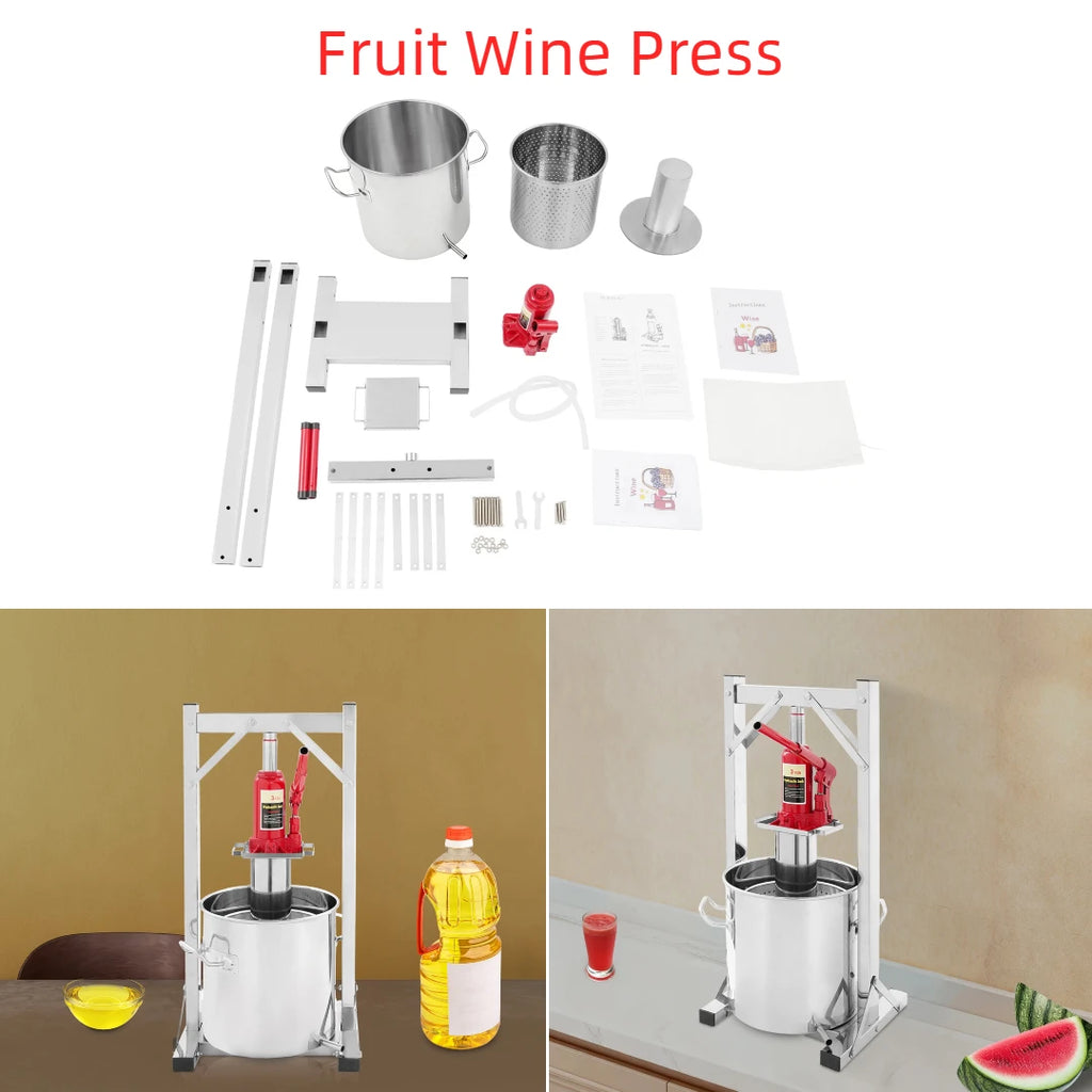 Pressa Idraulica per Estrazione, Acciaio Inossidabile, Pressione 3T, 12L, Kit Pressa Manuale per Vino, Pressa per Vino da Frutta Fai da Te, per Vino Artigianale, Fragole, More