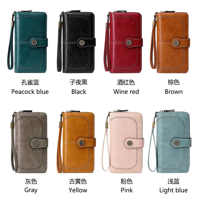 Borsa a mano in pelle cerata con blocco RFID, porta carte di credito multifunzionale a doppia piega, portafoglio da donna lungo retrò di grande capacità