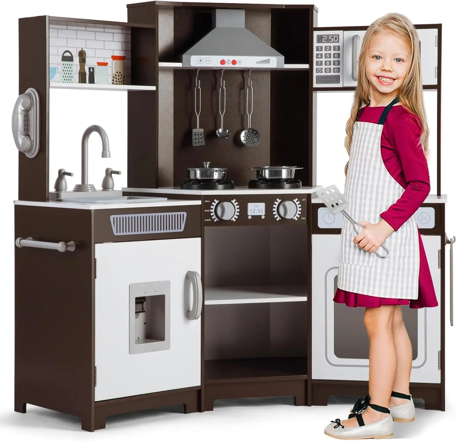 Cucina per bambini JOYLDIAS in legno, cucina giocattolo XXL ad angolo con suoni e luci, cucina giocattolo incl. accessori. Forno a microonde e forno per bambini