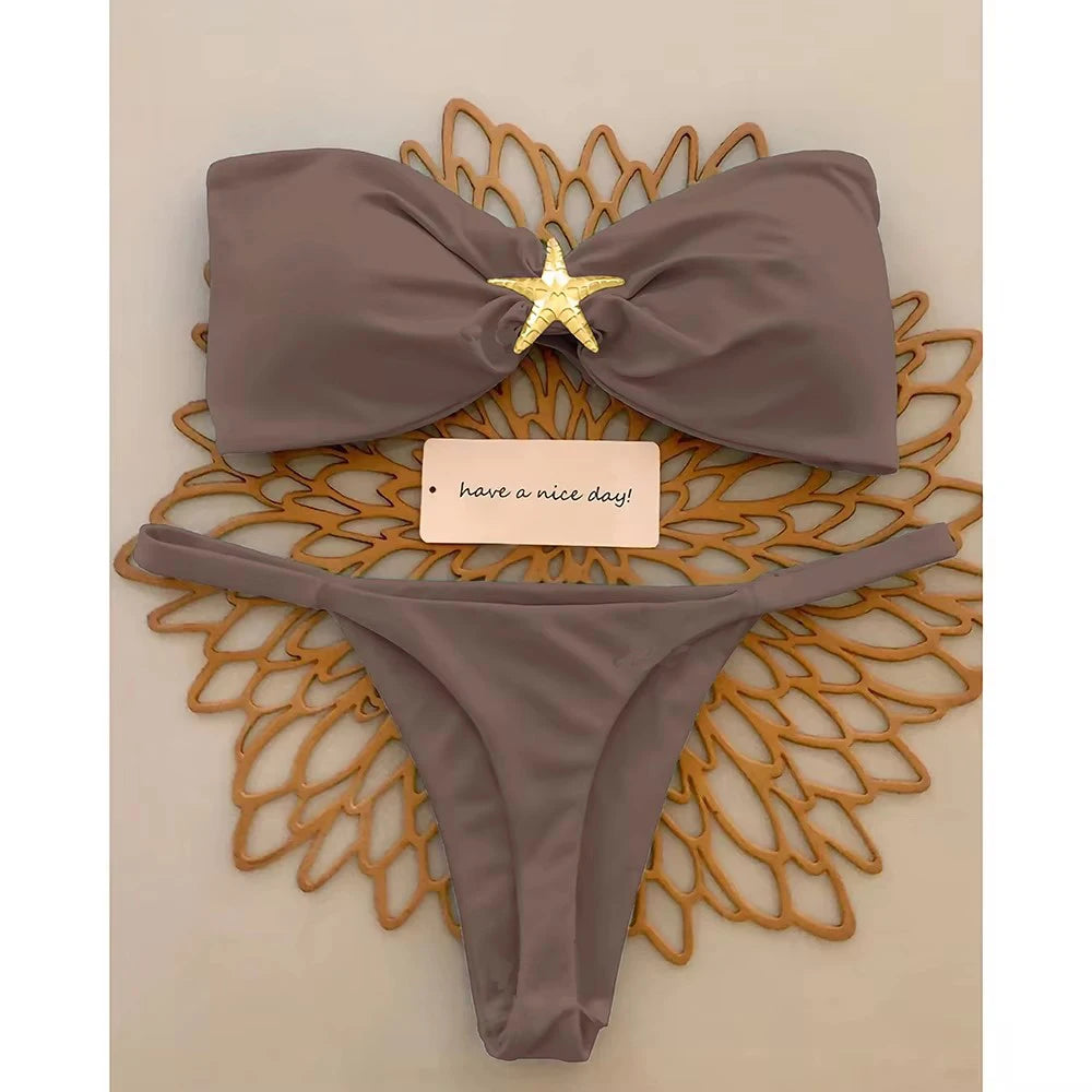 Costume da bagno sexy a fascia 2026 da donna, blu cielo con ornamento a stella marina, push-up, perizoma brasiliano, micro bikini da spiaggia