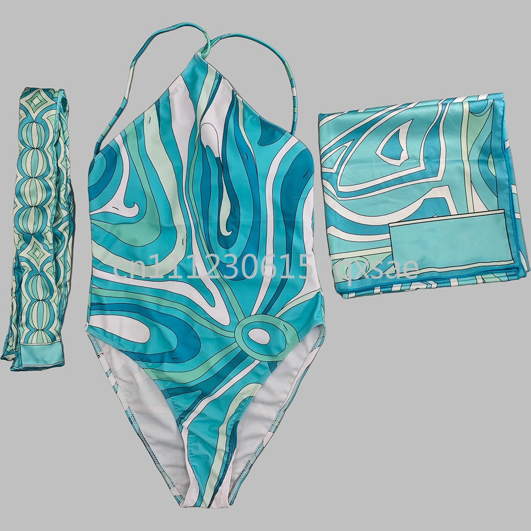 Costumi da bagno da donna rosa con foulard e logo a lettere, set bikini con foulard e fascia per capelli, abbigliamento da spiaggia