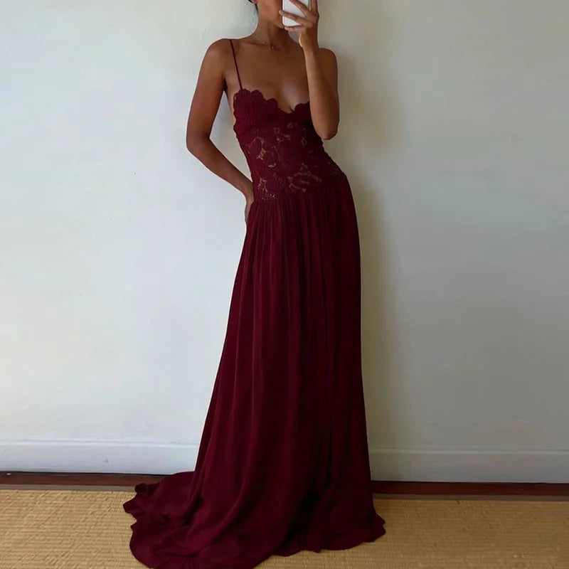 Abito Lungo Estivo Casual in Chiffon con Bretelle, Scollo a V Profondo, Senza Maniche, con Inserti in Pizzo, per Spiaggia e Feste, Primavera Estate