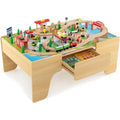 Tavolo da Treno, Set Treno in Legno 3-in-1 con 84 Pezzi di Pista Reversibile, Cassetto Portaoggetti per Costruire e Giocare