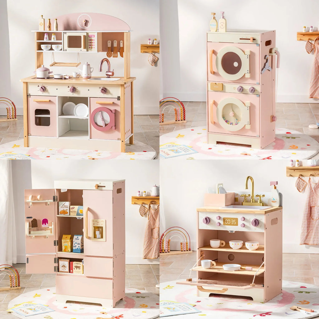 Robotime Robud Set da gioco da cucina ad angolo per bambini Set da cucina in legno con suono realistico Fai finta di giocare regalo per ragazzi e ragazze Rosa