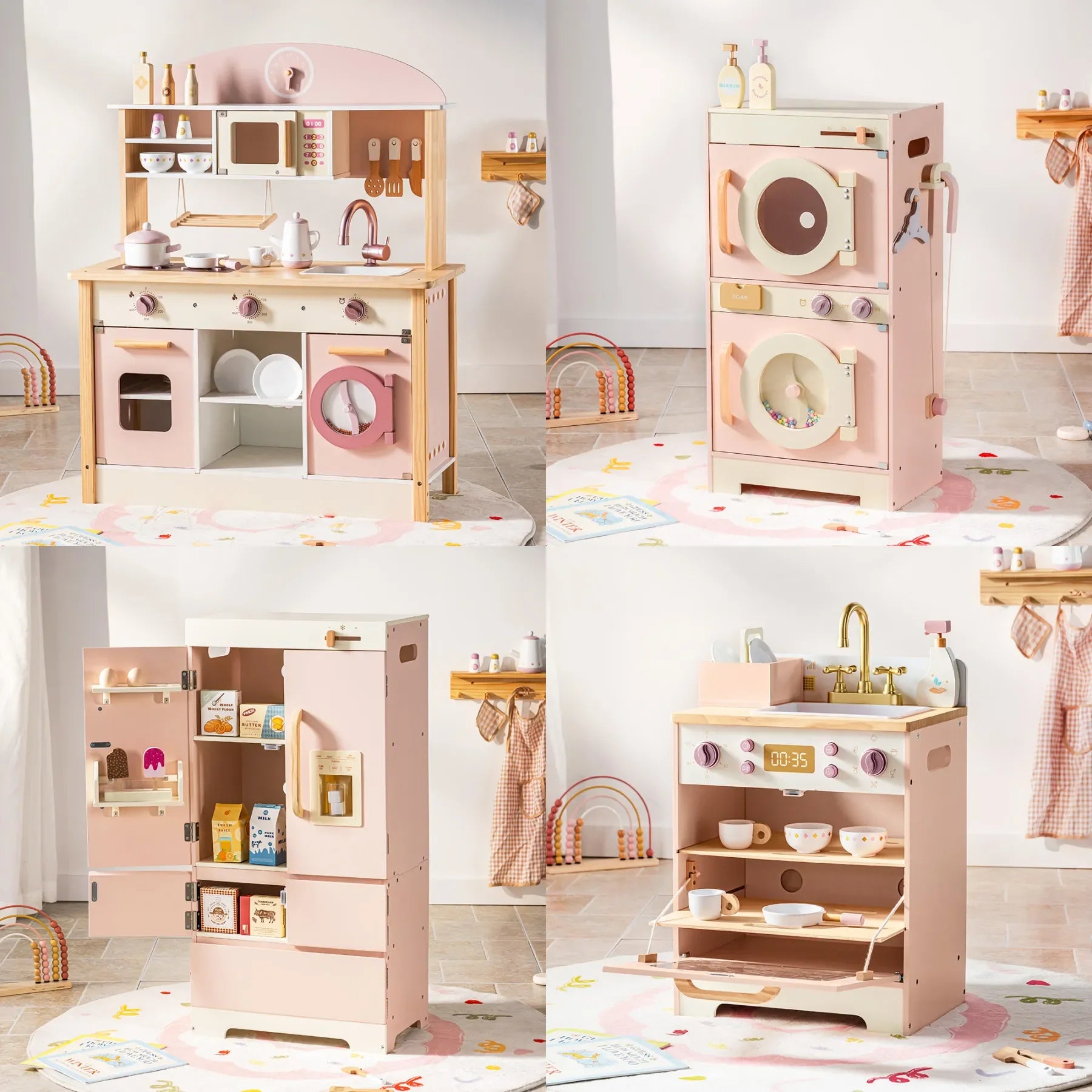 Robotime Robud Set da gioco da cucina ad angolo per bambini Set da cucina in legno con suono realistico Fai finta di giocare regalo per ragazzi e ragazze Rosa