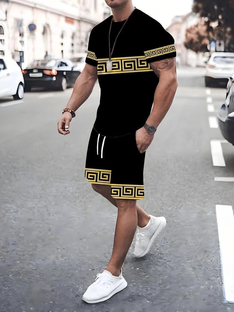 T-shirt a maniche corte con stampa a righe da uomo estiva Pantaloncini in vita elastica Set da 2 pezzi Set di pantaloncini con tasche T-shirt allentata con o-collo taglie forti