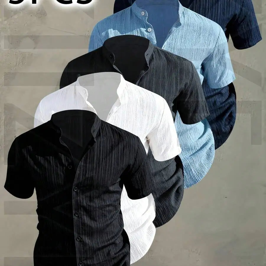 5 pezzi di camicie estive da uomo a maniche corte con bottoni, colletto rialzato, casual, leggere, traspiranti, in tinta unita