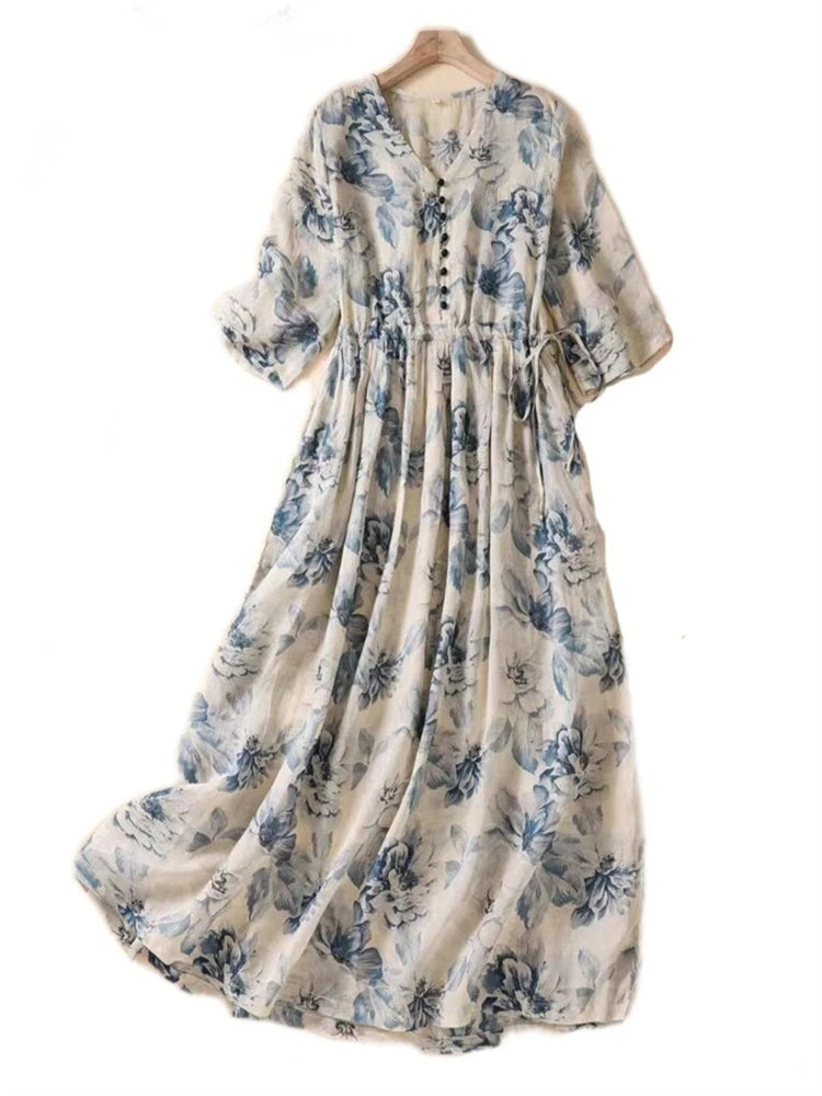 Abiti Lunghi Vintage a Maniche Corte con Stampa per Donna, Nuova Moda Estiva 2026, Vestito Casual Ampio, Abito Elegante Femminile