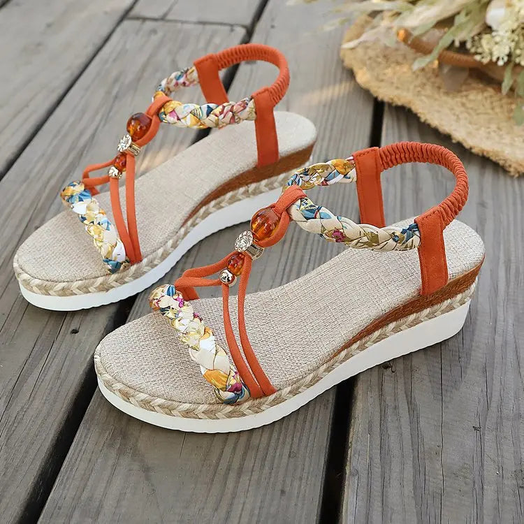 Sandali stile Boho da donna con tacco basso, suola spessa, intrecciati e traforati, scarpe casual per l'uso all'aperto