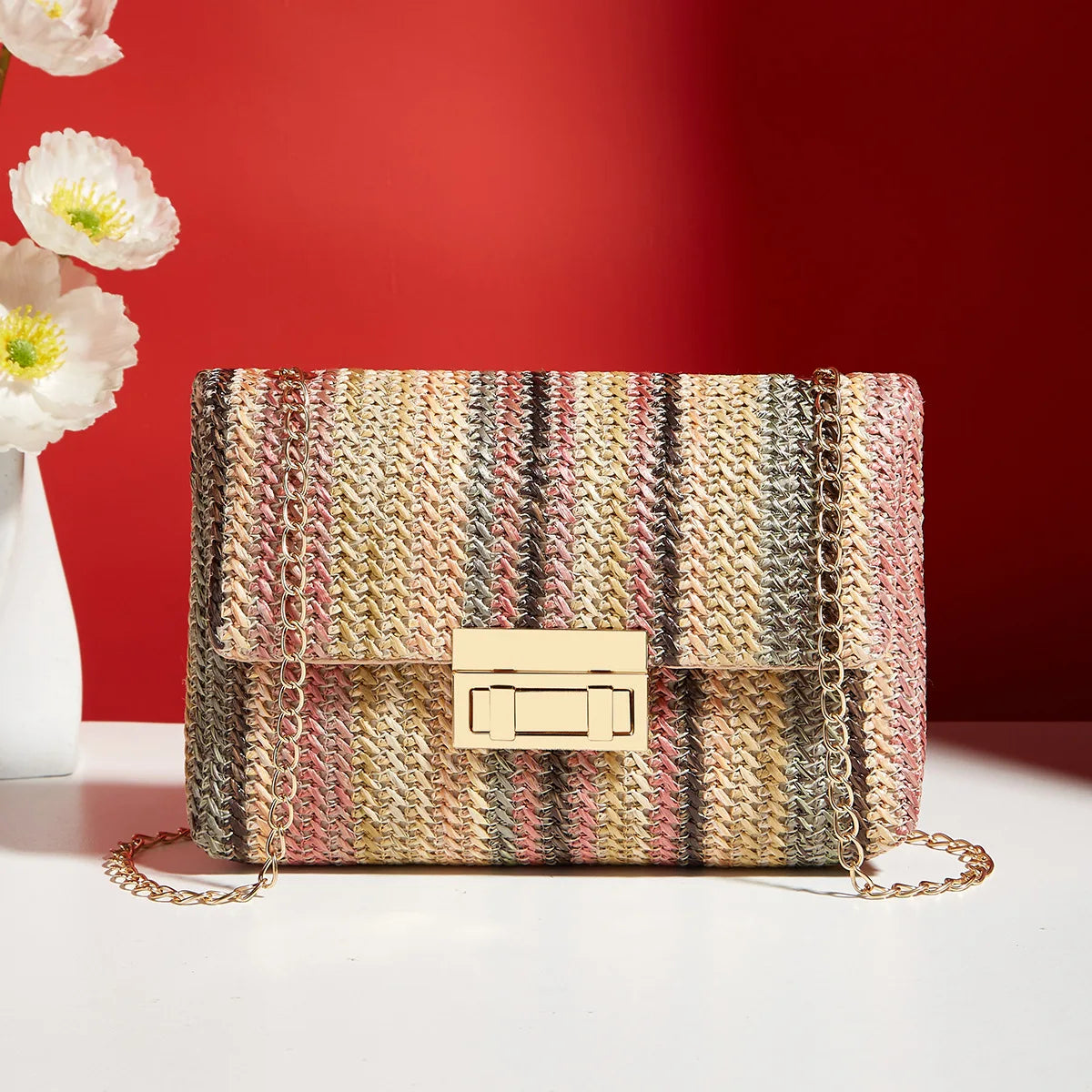 Borsa da donna in paglia lavorata a maglia in rattan a righe multicolori con borsa a catena Borse a tracolla da donna Borsa con patta dal design da viaggio
