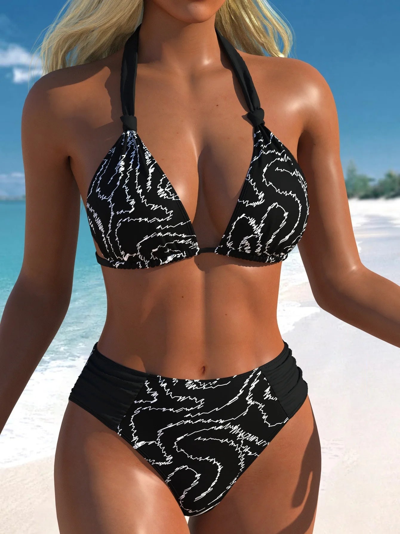 Costume da bagno bikini vintage nero a pois 2026 da donna con reggiseno push-up con laccetti e vita alta, modello cut-out