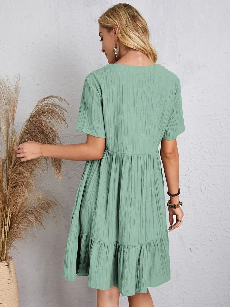 Elegante solido scollo A V A Line Dress 2024 nuova estate Ruffles allentato Mini abito Casual manica corta Beach Party Vestidos Streetwear
