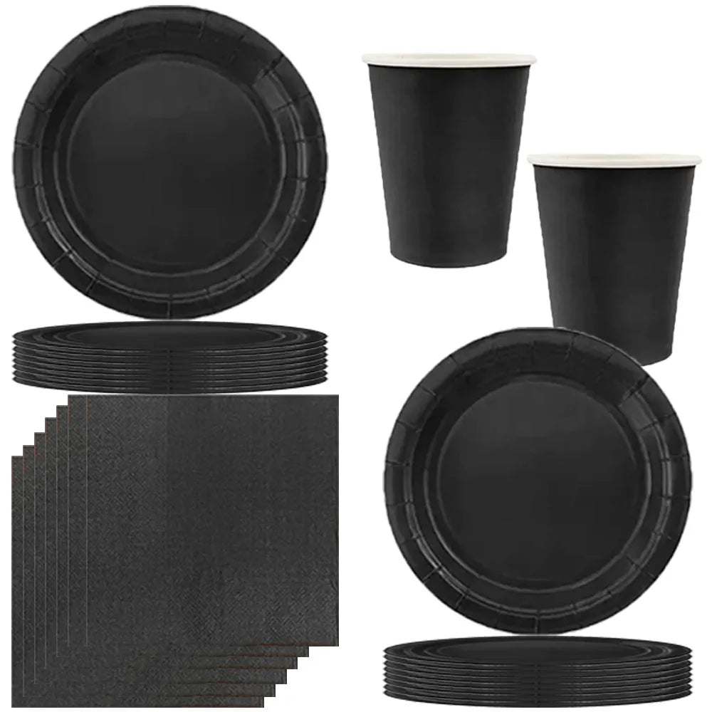 Nuova semplice decorazione nera per feste di compleanno Tema singolo Boda 10 pezzi Set di stoviglie usa e getta Piatti Tazze Carte Tovaglia