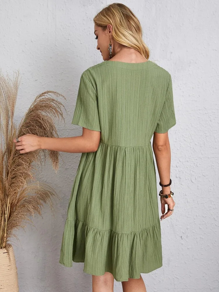 Elegante solido scollo A V A Line Dress 2024 nuova estate Ruffles allentato Mini abito Casual manica corta Beach Party Vestidos Streetwear