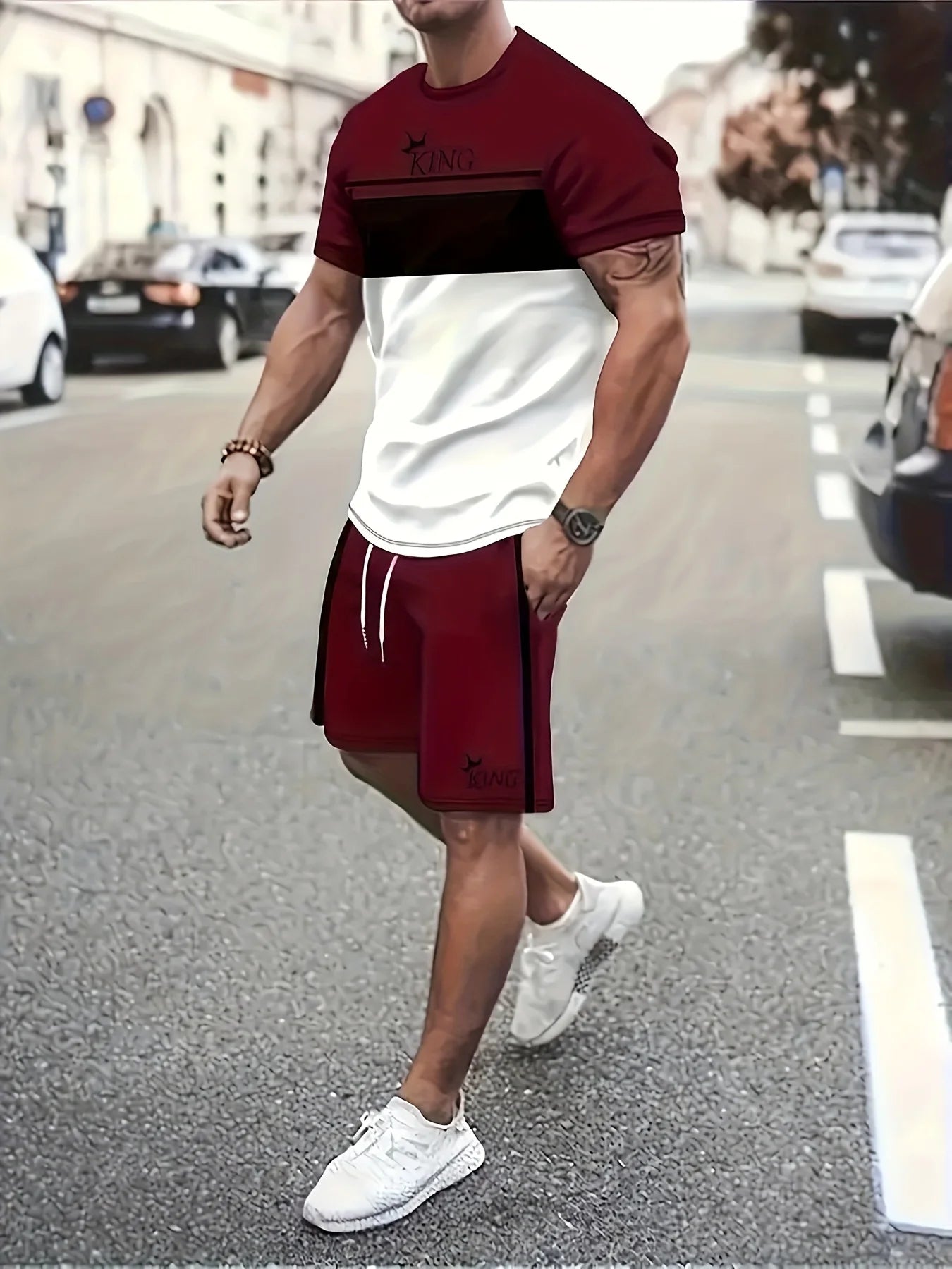 2026 Set da due pezzi casual da uomo di nuovo arrivo estivo 2026 Camicia a maniche corte con stampa a righe e pantaloncini sportivi Set da fitness da uomo