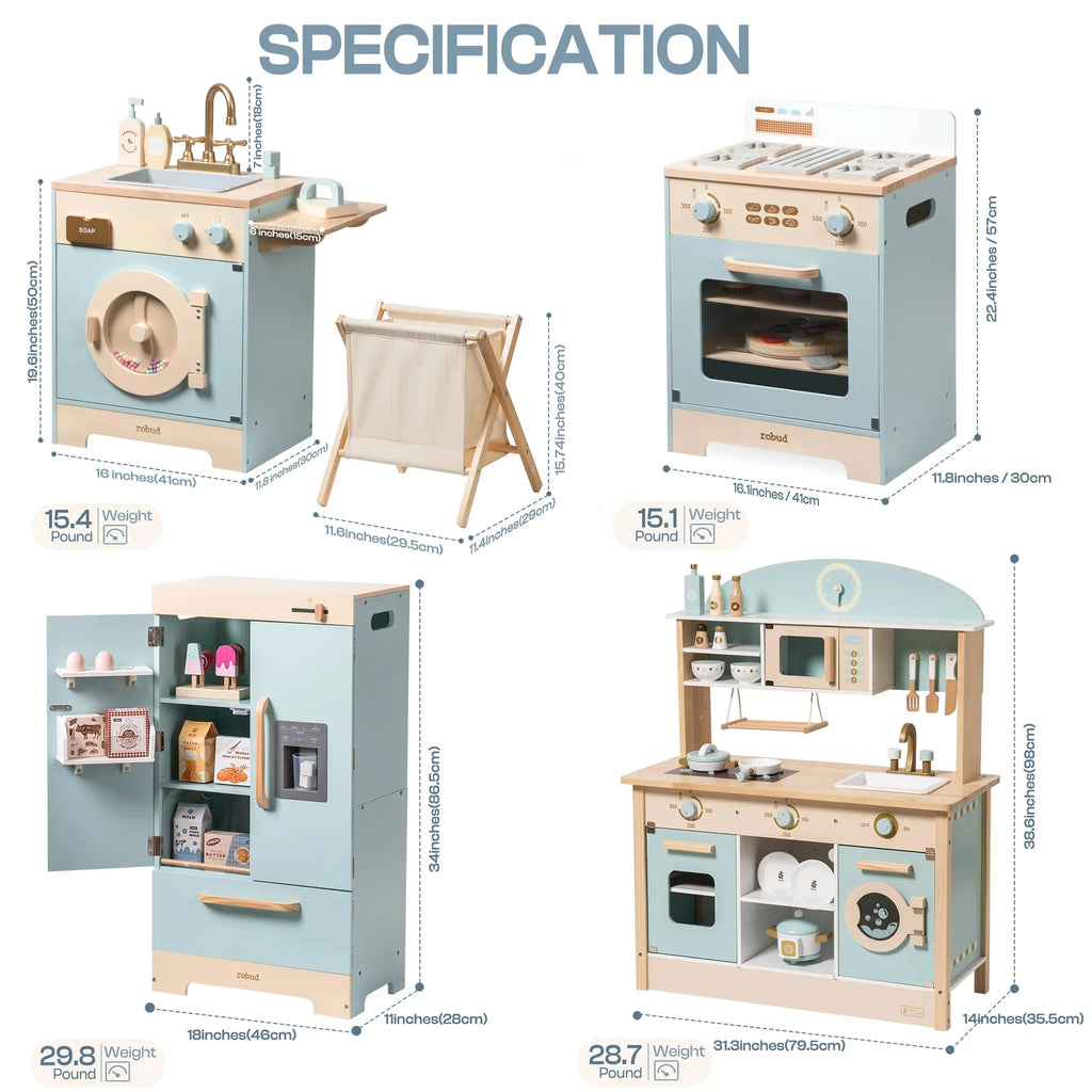 Cucina Giocattolo in Legno Robud per Bambini, Set Completo ad Angolo con Forno, Frigorifero e Lavatrice, Regalo di Compleanno Perfetto per Piccoli Chef