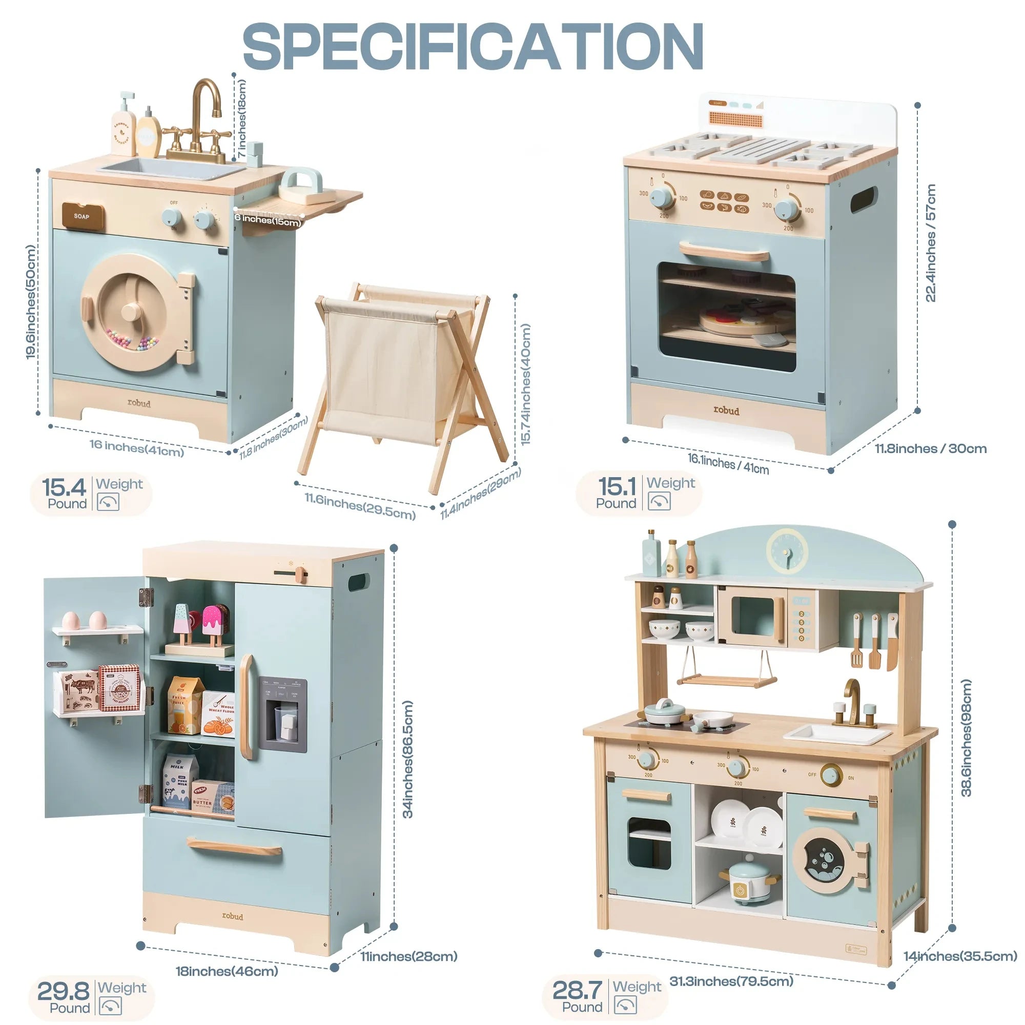 Cucina Giocattolo in Legno Robud per Bambini, Set Completo ad Angolo con Forno, Frigorifero e Lavatrice, Regalo di Compleanno Perfetto per Piccoli Chef