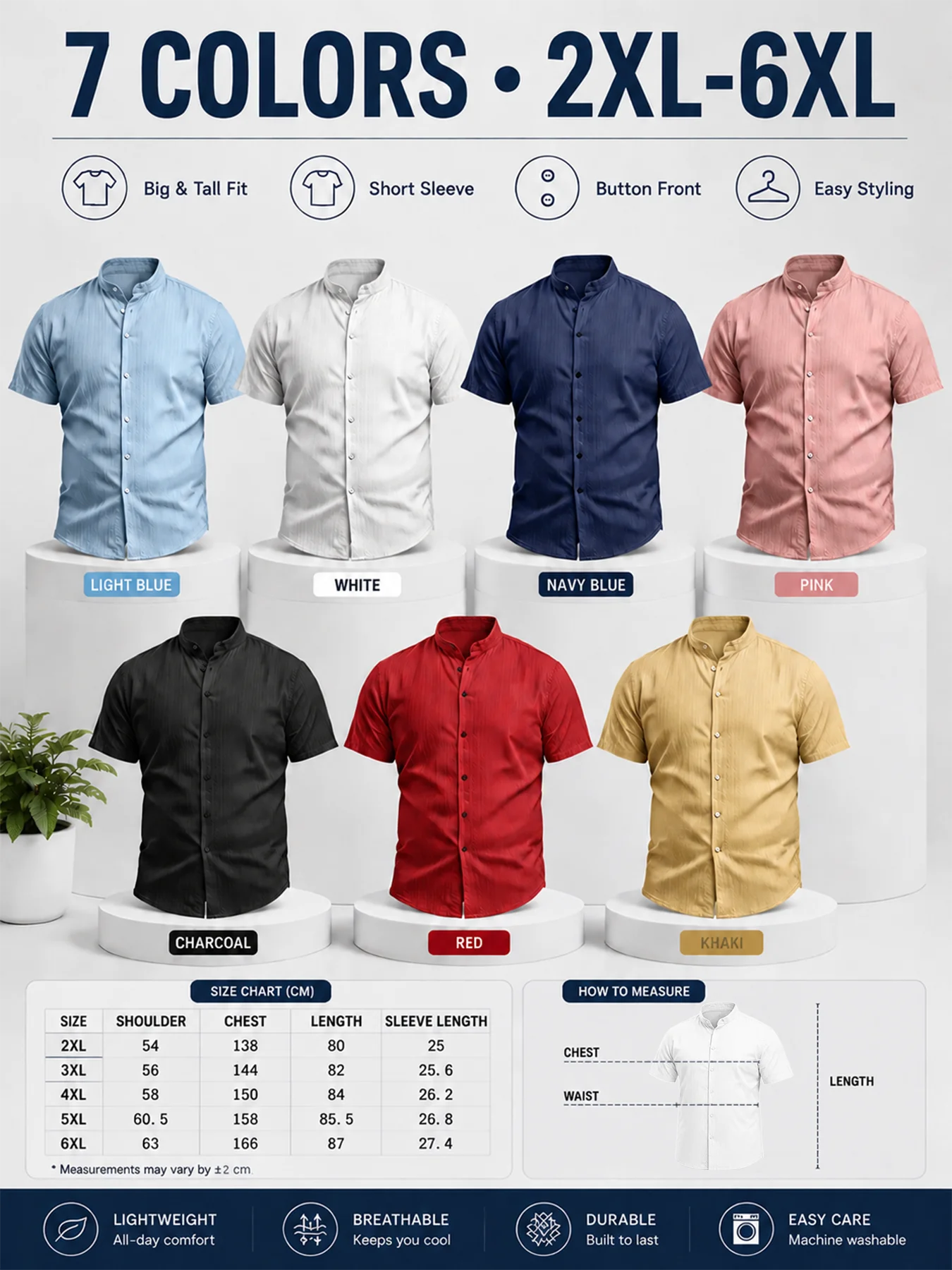 Camicia Casual da Uomo Taglie Forti 2XL-6XL Estiva Traspirante a Maniche Corte con Bottoni per Vacanze al Mare in Tessuto Morbido Testurizzato Vestibilità Ampia