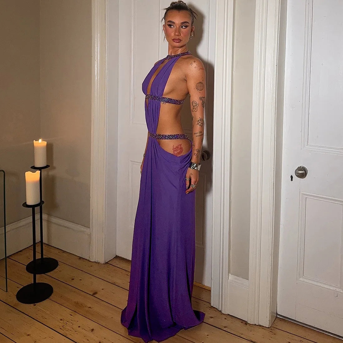 Abito lungo da donna sexy Halter scava fuori senza schienale senza maniche increspato abiti lunghi da sera Party Chic Robe verde viola estivo