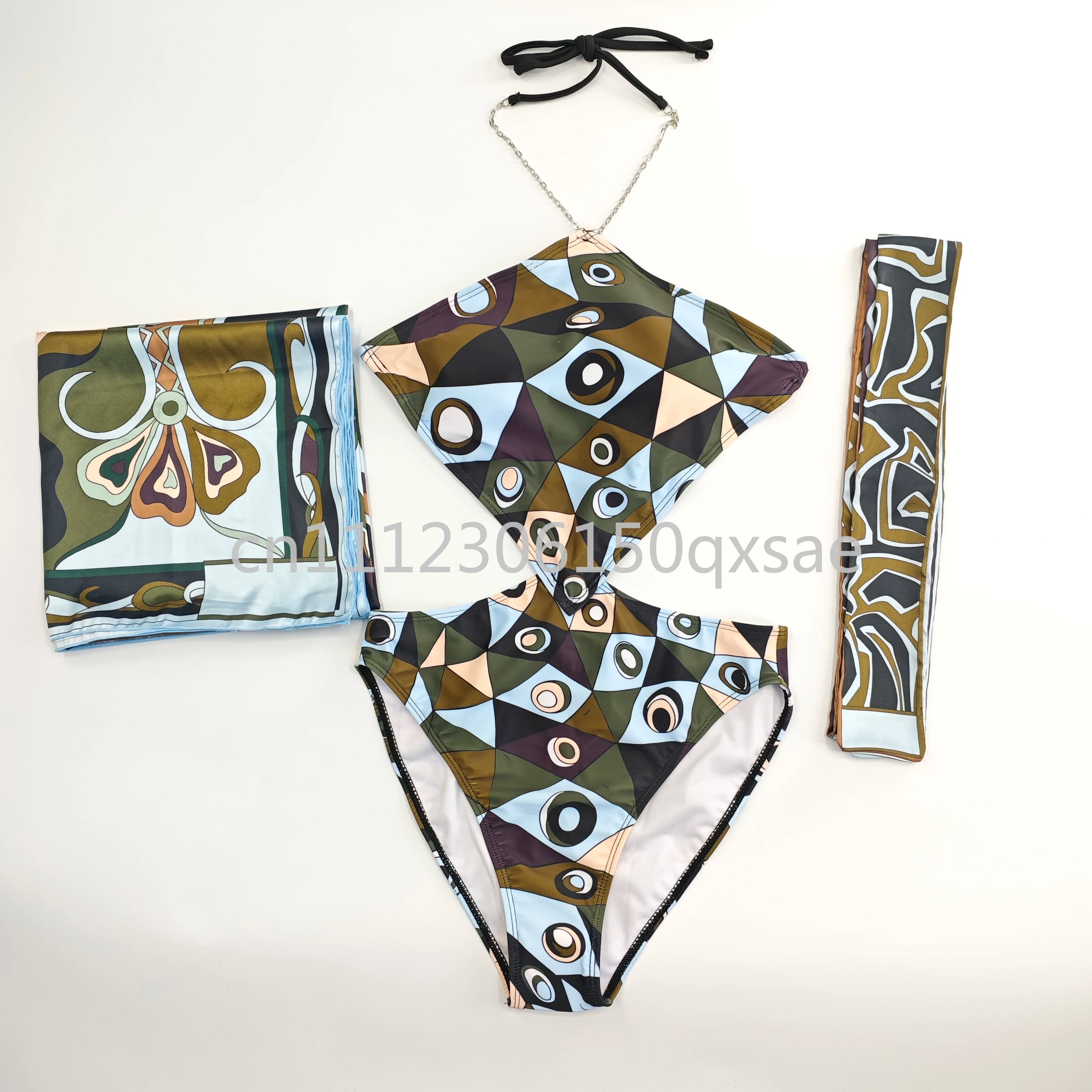 Costumi da bagno da donna rosa con foulard e logo a lettere, set bikini con foulard e fascia per capelli, abbigliamento da spiaggia