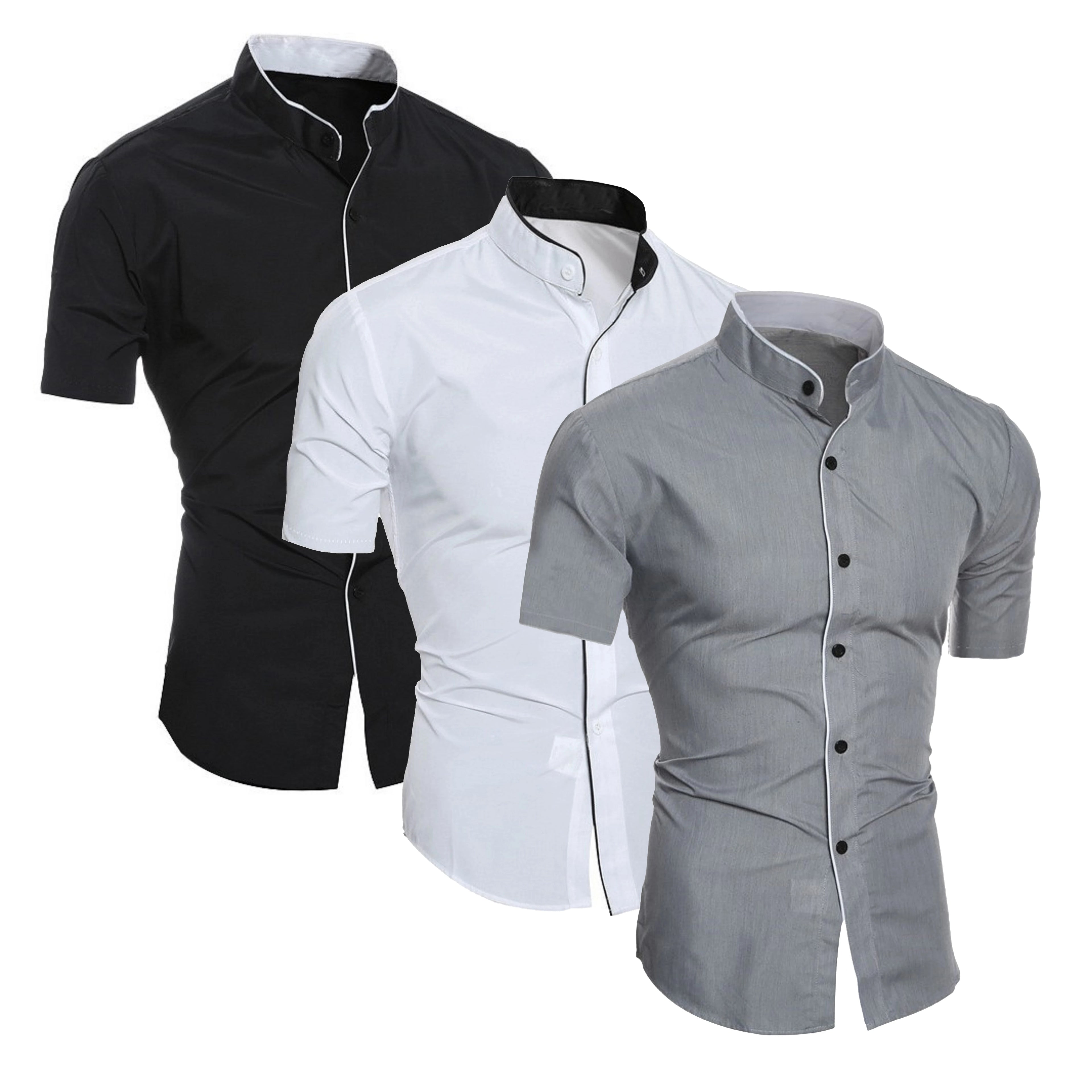 Camicia estiva da uomo alla moda casual a maniche corte, top con colletto rialzato in tinta unita da uomo slim comodo e traspirante