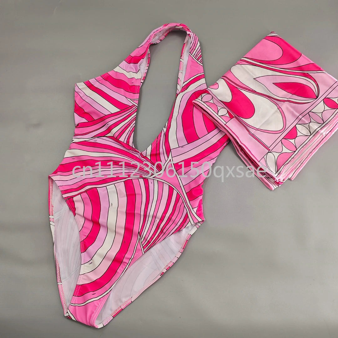 Costumi da bagno da donna rosa con foulard e logo a lettere, set bikini con foulard e fascia per capelli, abbigliamento da spiaggia