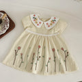 Abito estivo in puro cotone per bambina, grazioso vestito da principessa con colletto a bambola e ricami floreali per neonate da 0 a 3 anni
