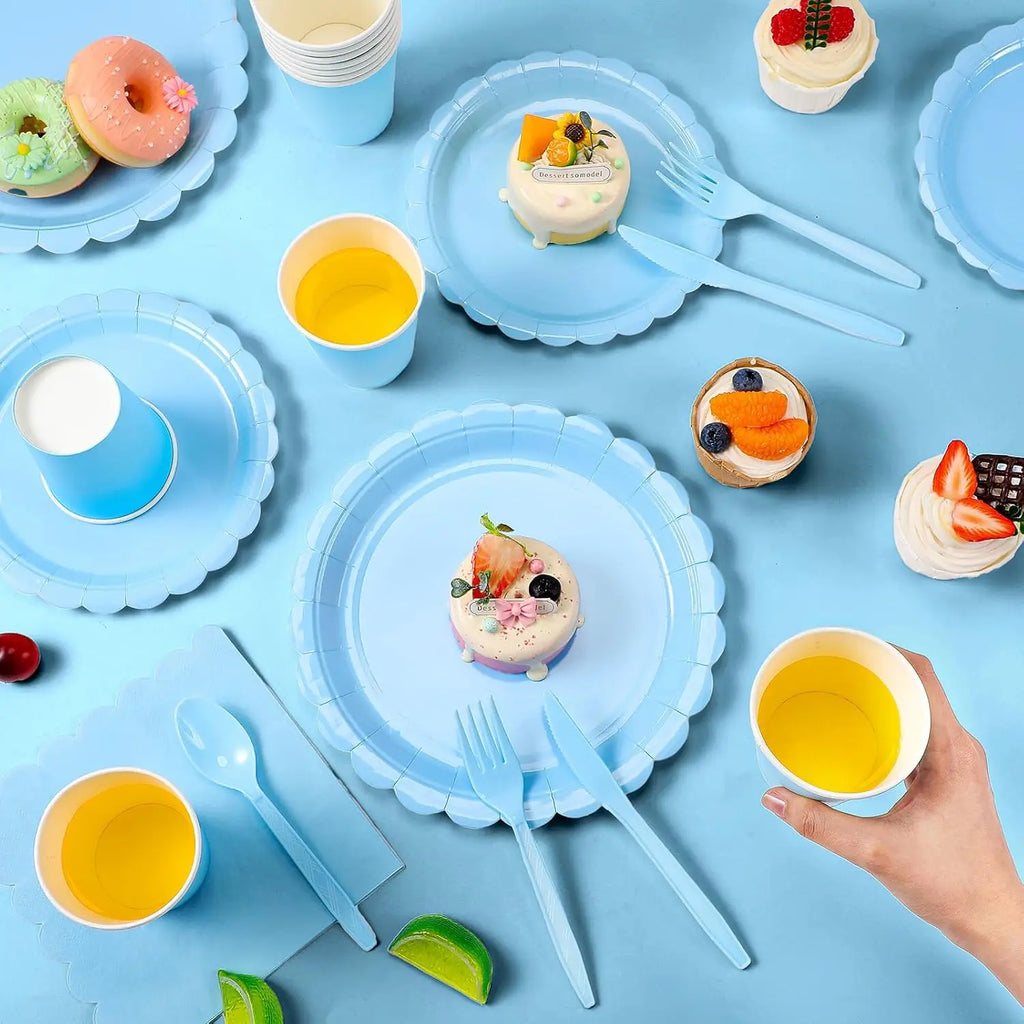 Forniture per feste di compleanno in pizzo azzurro Stoviglie usa e getta blu Tovagliolo di carta Tazza Piatto Tovaglia per la decorazione di nozze ﻿