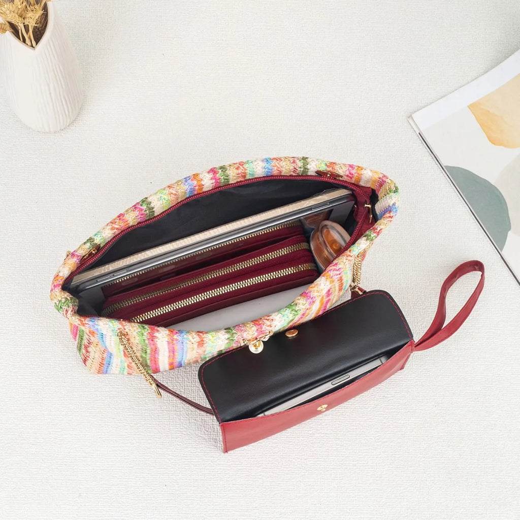 Borsa da Spiaggia in Paglia Intrecciata per Donna, Grande Borsa a Tracolla con Catena, Design da Viaggio con Chiusura a Patta
