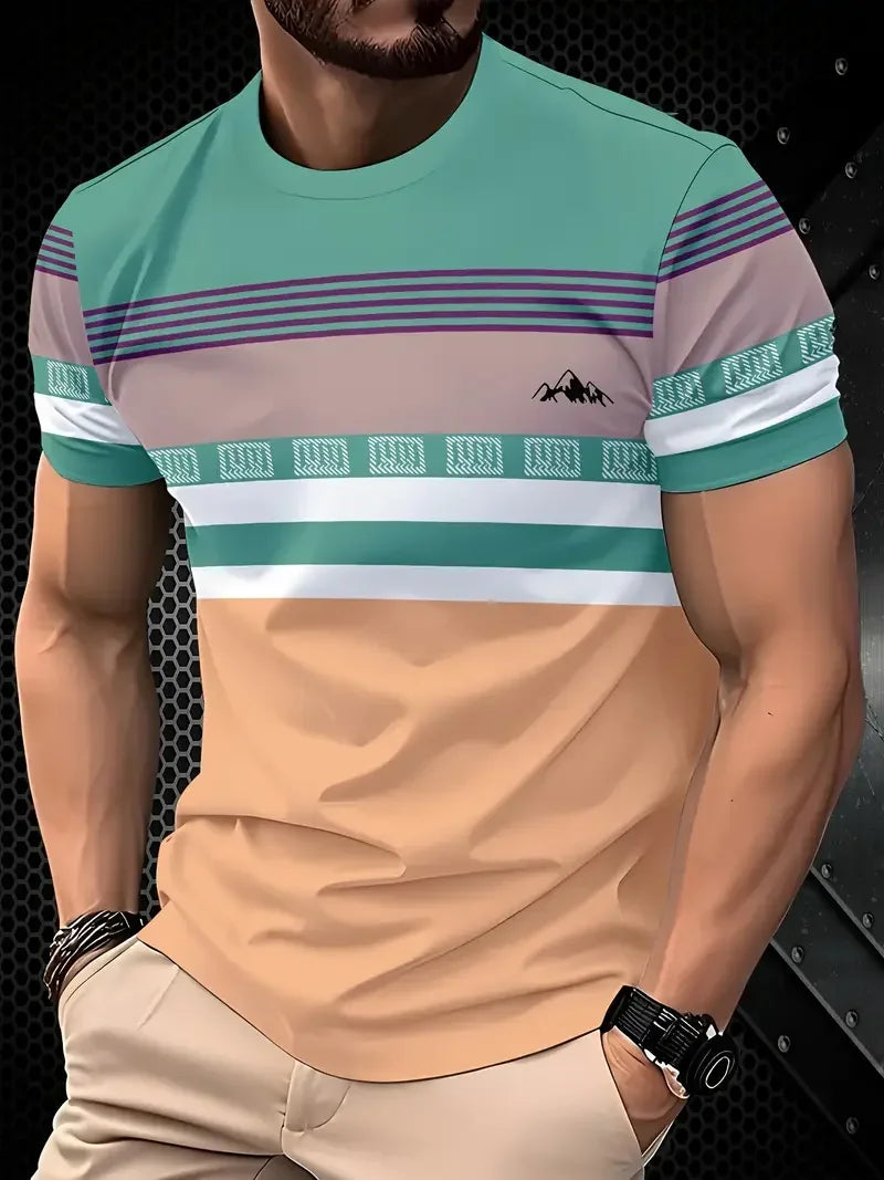 T-shirt classica estiva da uomo: top da esterno a maniche corte con scollo tondo e stampa a righe, maglietta da uomo da strada ampia con aggiunta