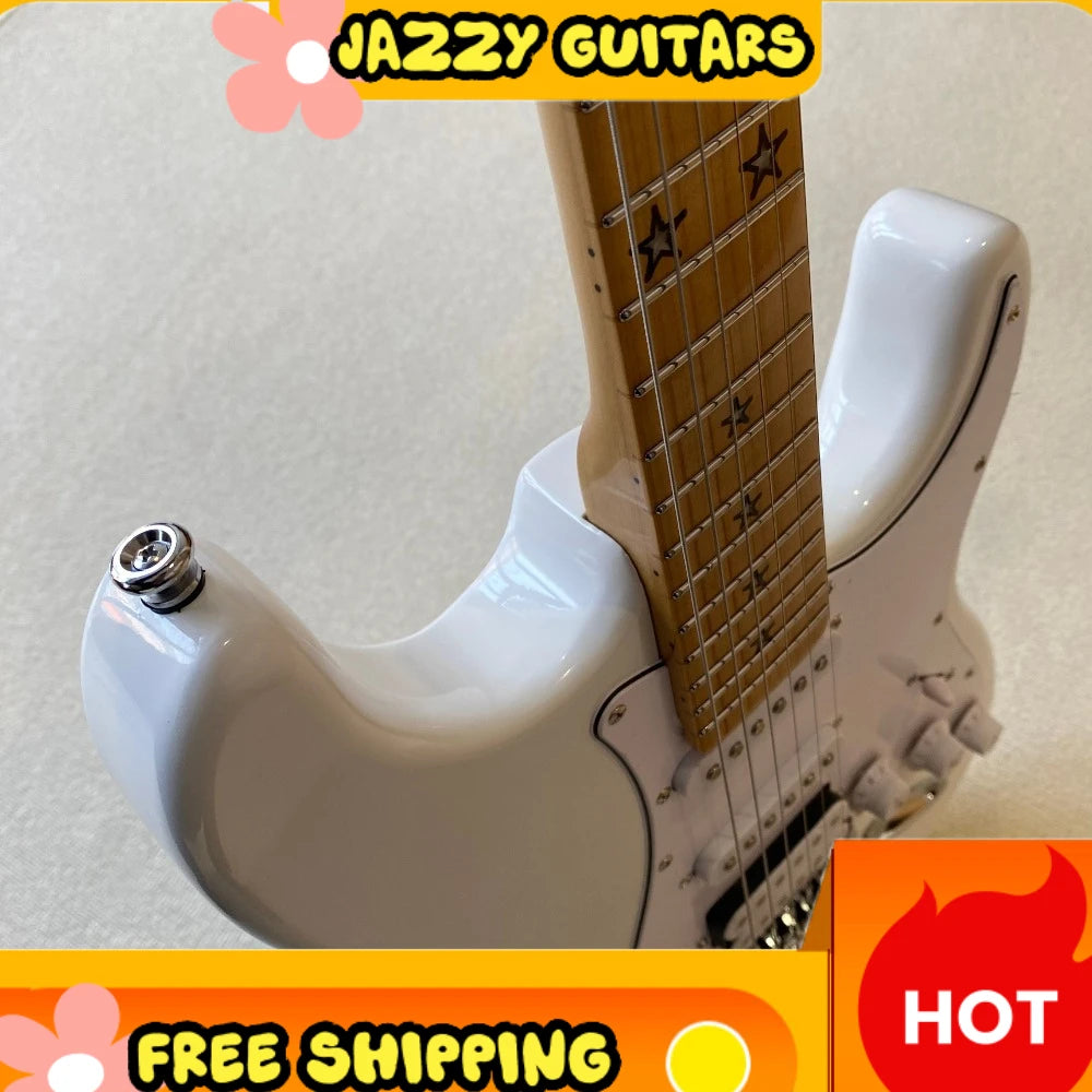 Chitarra Elettrica Bianca ST con Pickup SSH, Corpo in Ontano, Manico in Acero con Intarsi a Stella, Ponte Tremolo Floyd Rose, Spedizione Gratuita