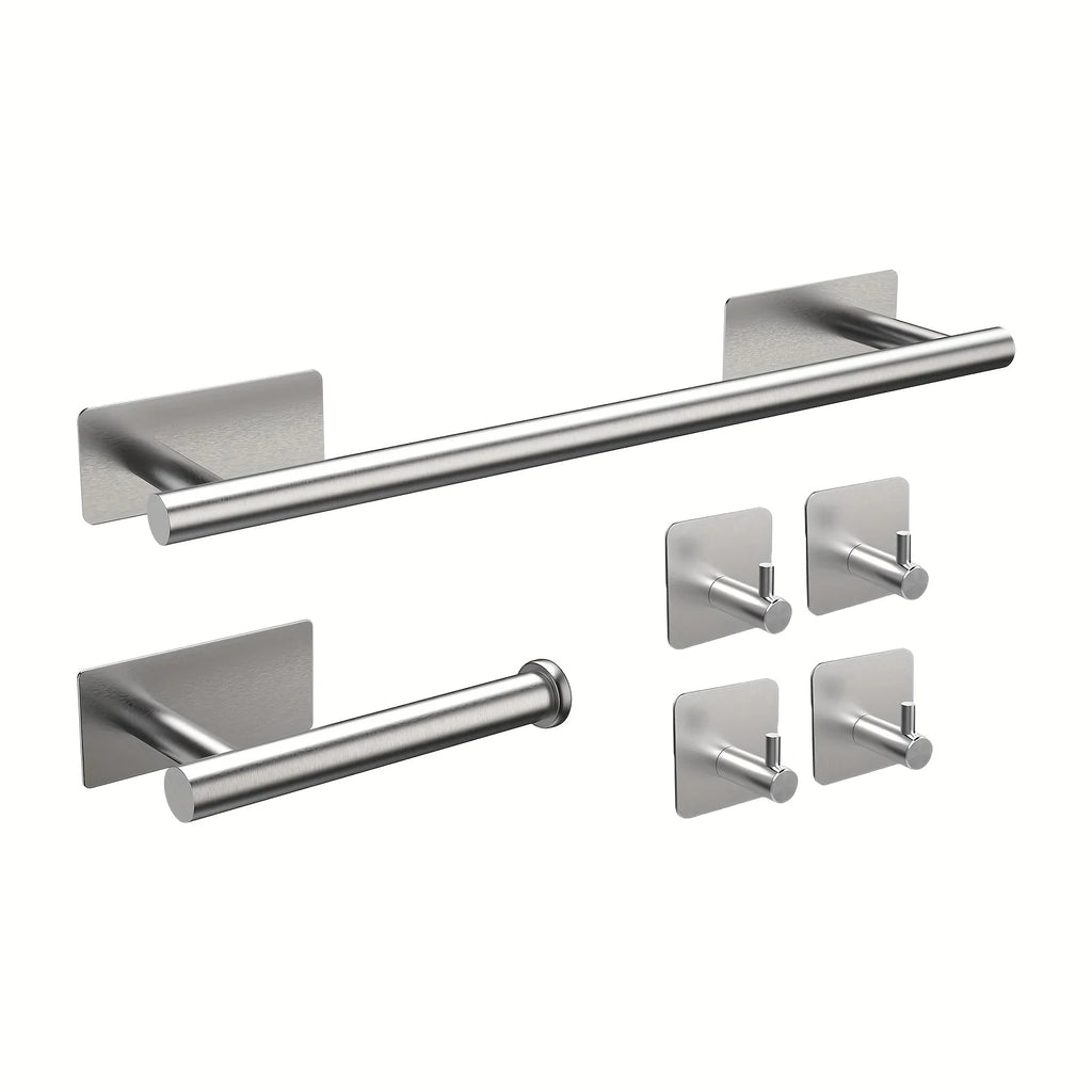6pcs Stainless Steel Bathroom Accessory Set No-Drill Towel Rack Tissue Holder And Hooks Combo for Bathroom Organizer and Storage